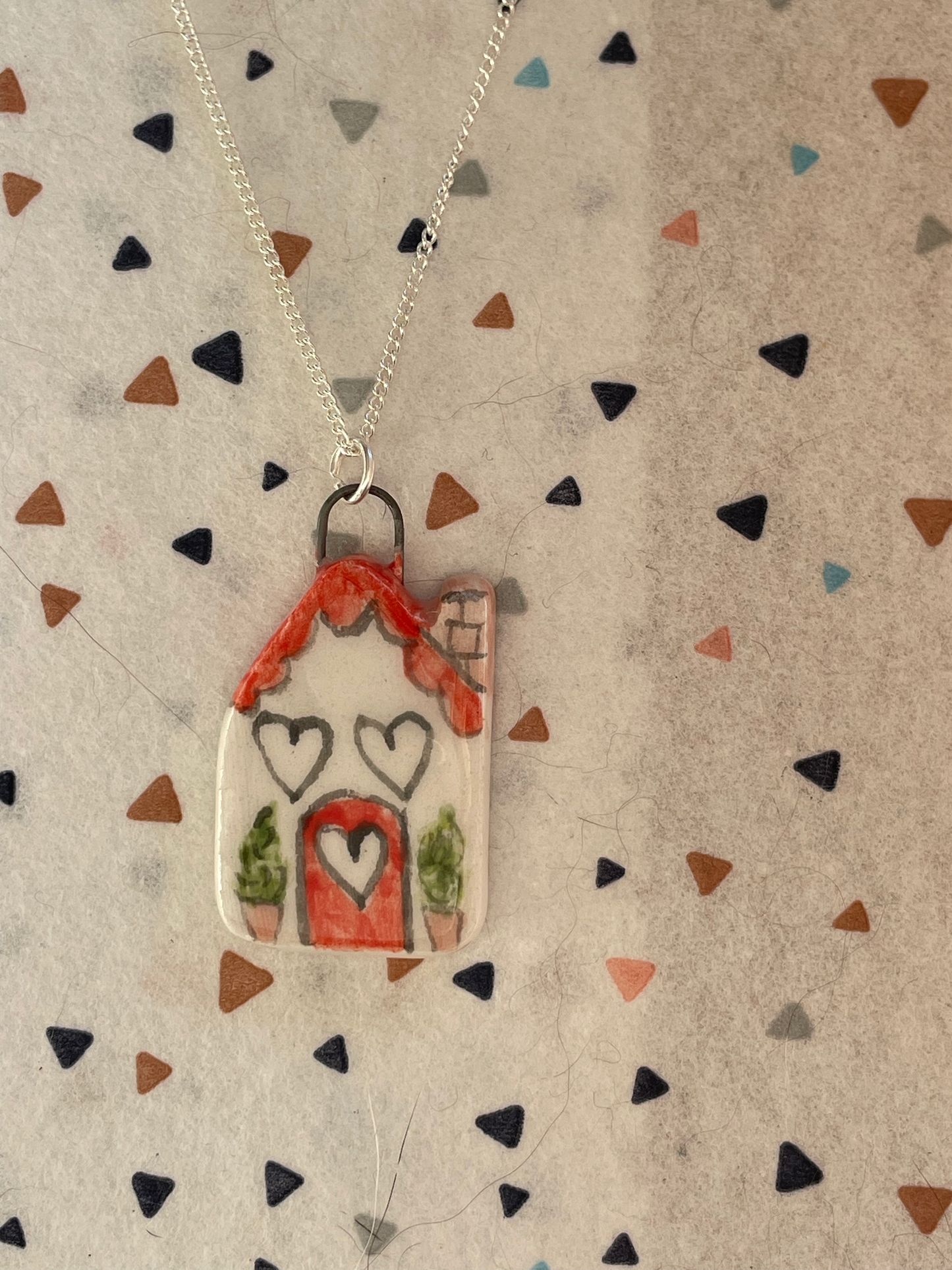 Handmade Red Door House Ceramic Charm Necklace