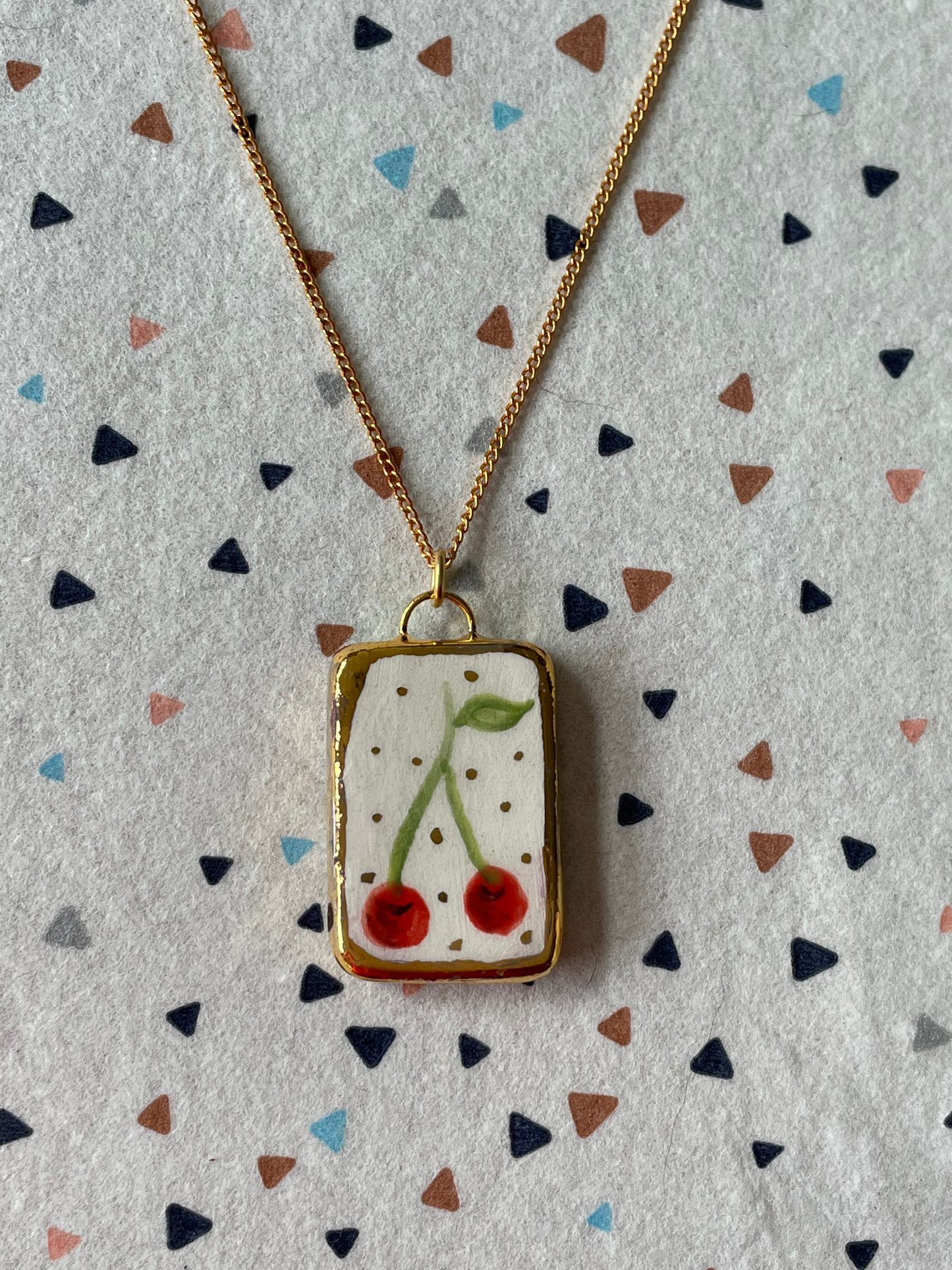 Seconds - Handmade Rectangle Ceramic Charm with Hand Painted Cherry Design Necklace