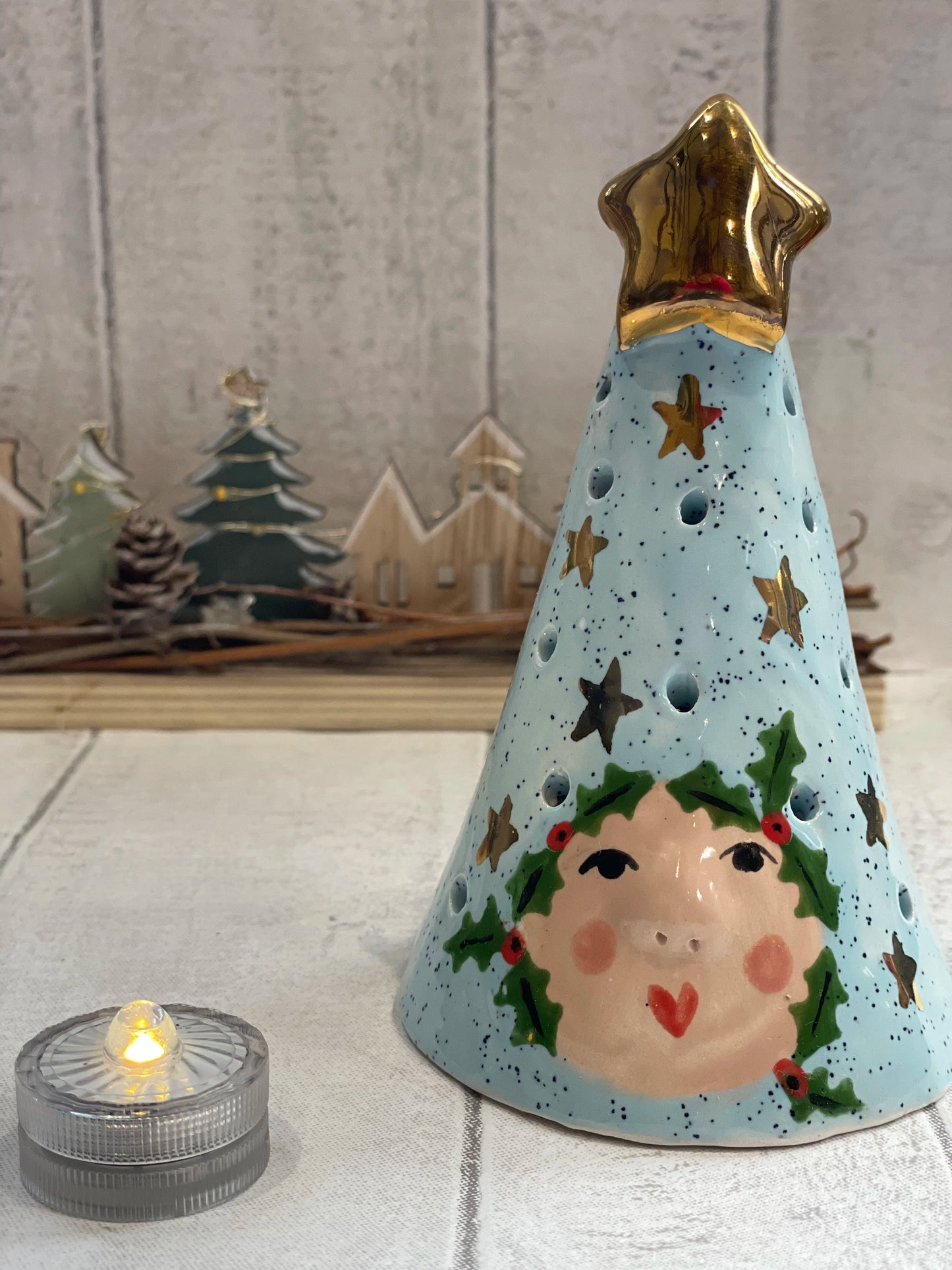 Handmade “Ladies of the Luminary” Tea Light Lantern, Blue Speckle Ceramic Christmas Light (13cm)