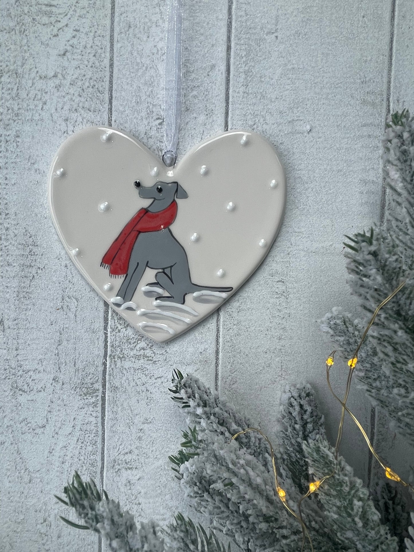 Hand Painted Ceramic Heart Decoration – Whippet / Greyhound Dog with Red Scarf in Snow | Personalised Dog Gift