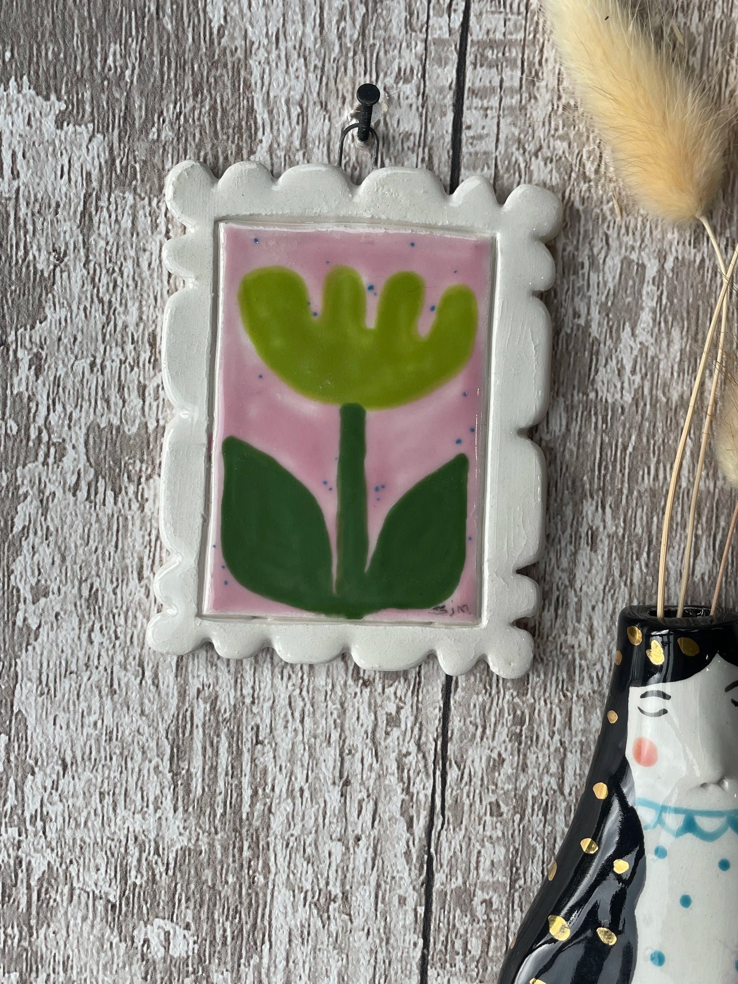 Mini Masterpiece Hand-Painted Ceramic Green Flower on Pink