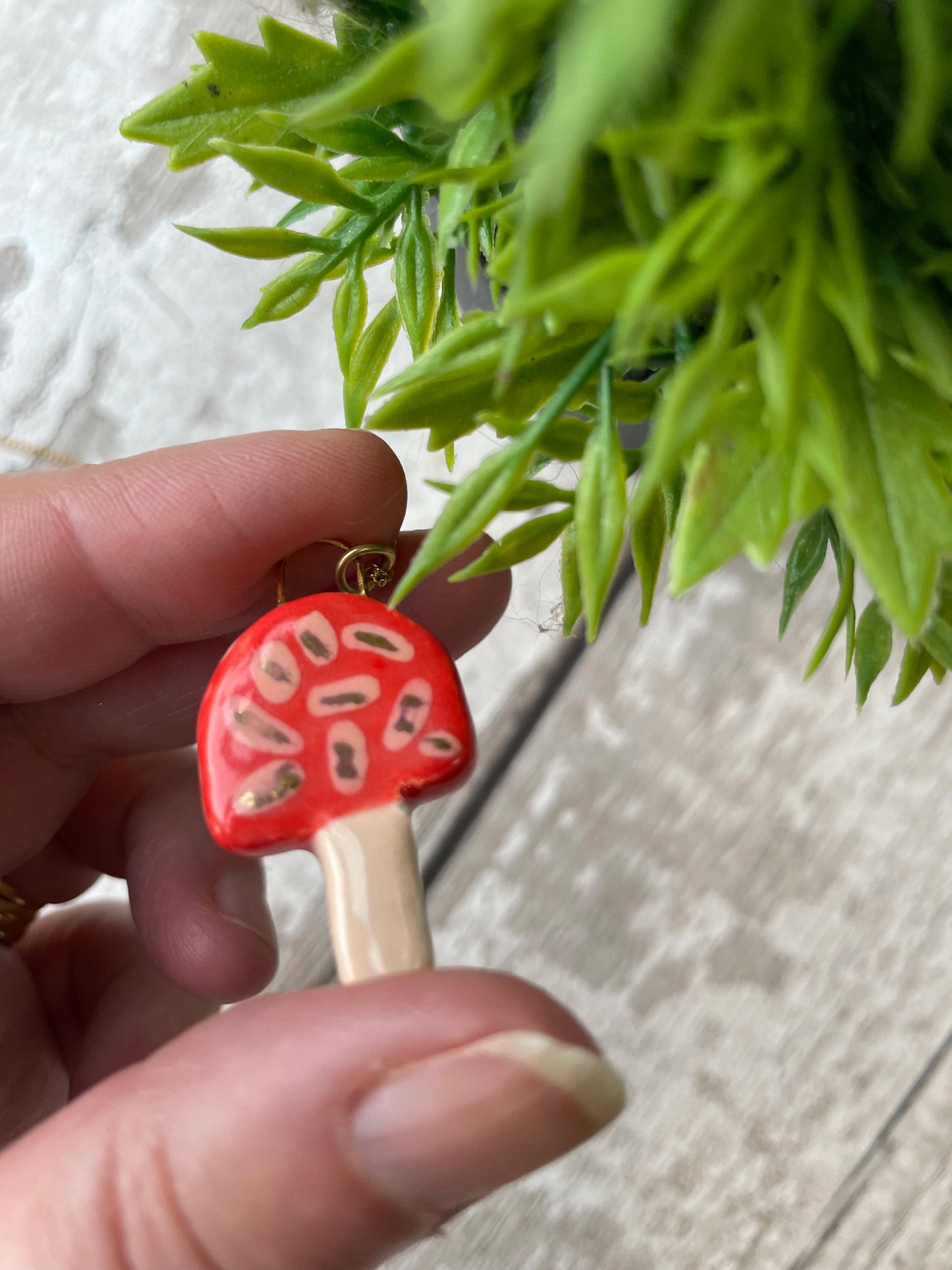 Seconds – Hand Painted Red Mushroom Charm Necklace, Gold Plated Chain