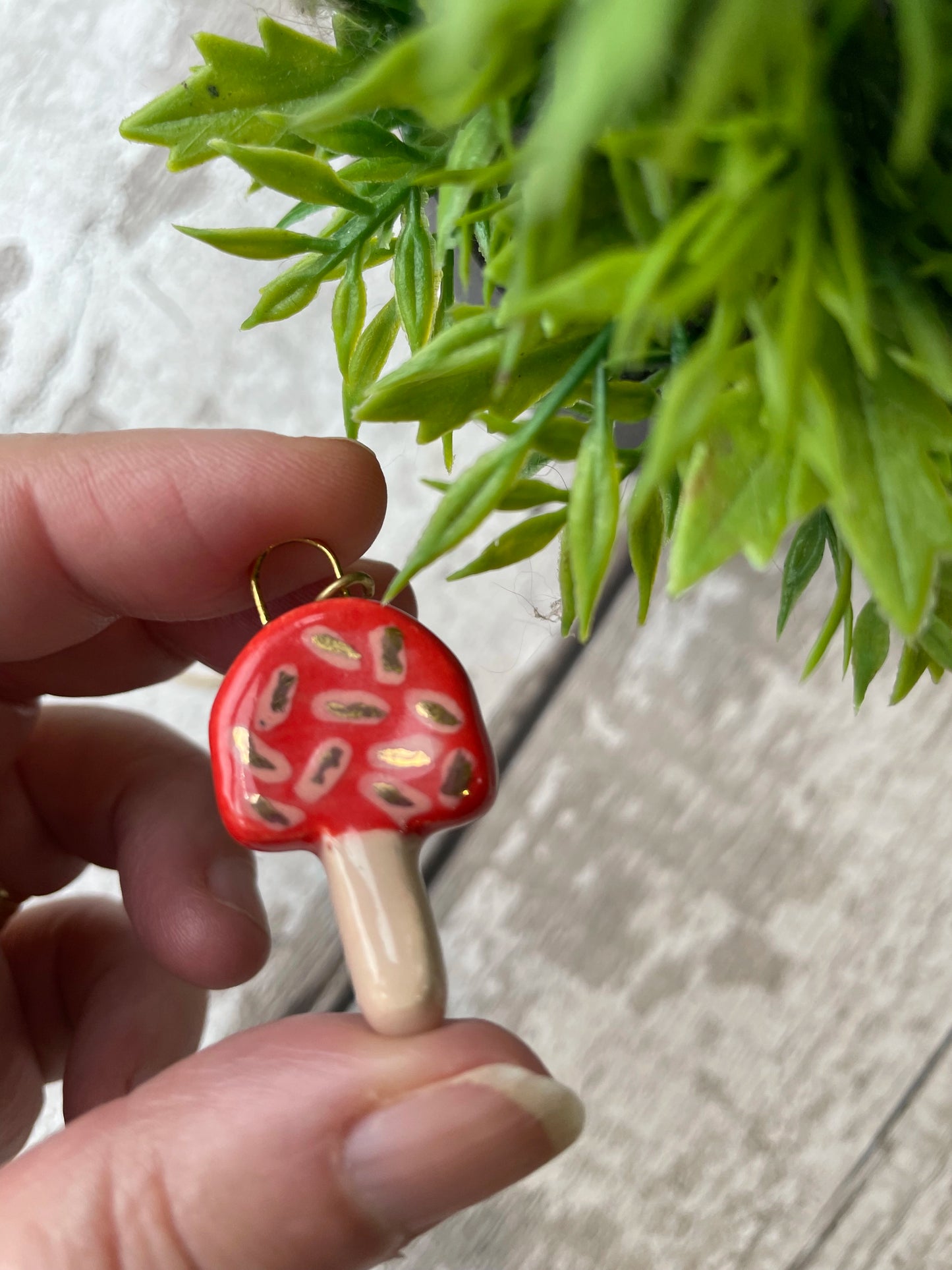 Seconds – Hand Painted Red Mushroom Charm Necklace, Gold Plated Chain