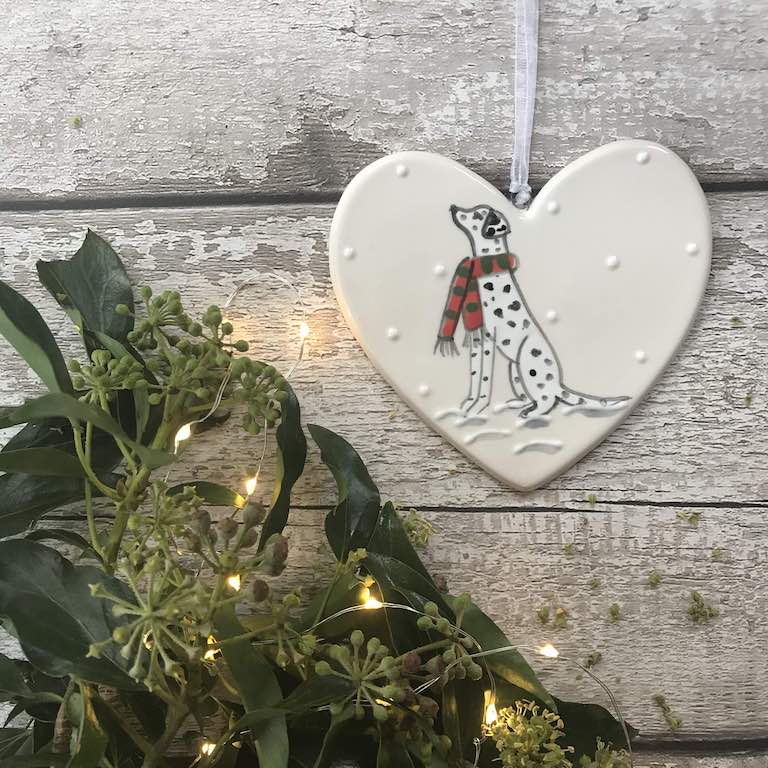 Hand Painted Ceramic Heart - Male Dalmatian with scarf sitting in the snow