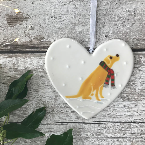 Hand Painted Ceramic Heart Christmas Decoration - Golden Labrador with scarf sitting in the snow