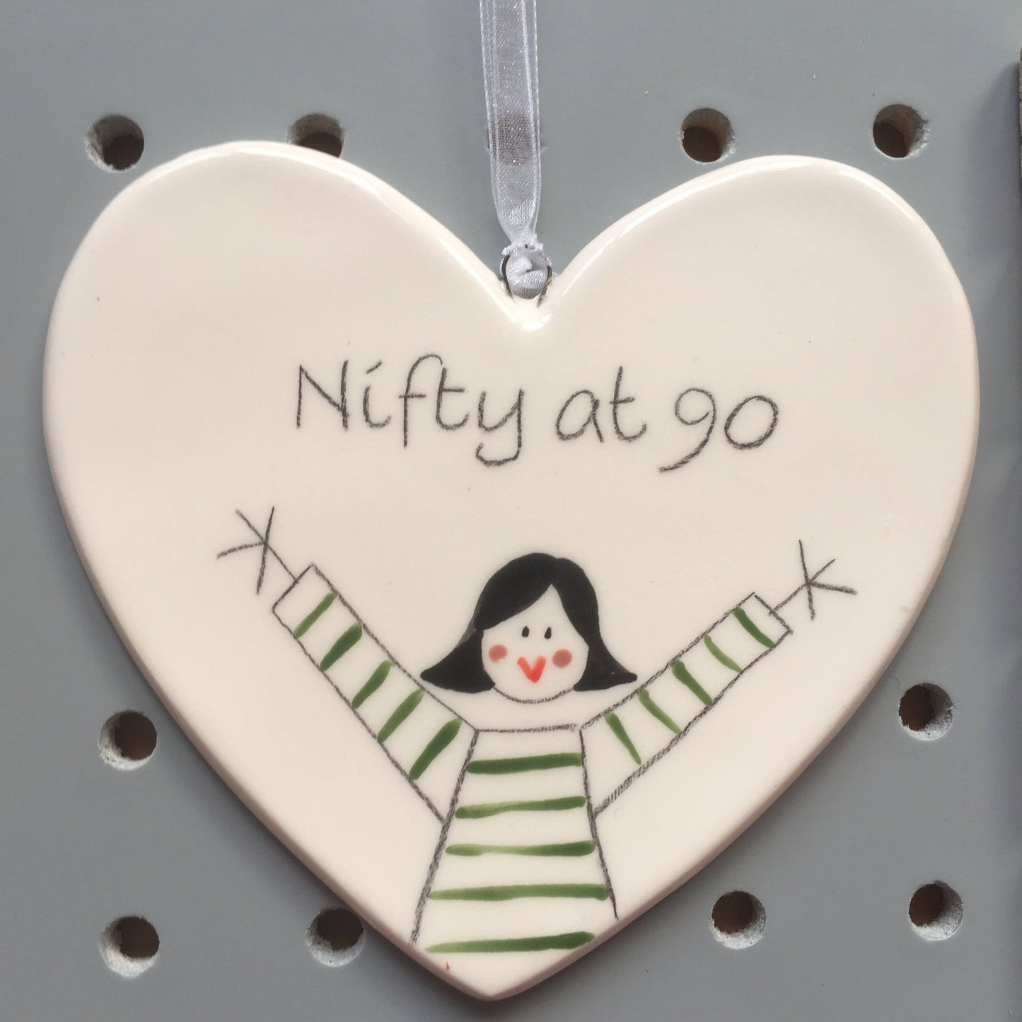 90th Birthday - Nifty at 90 - Hand Painted Ceramic Heart