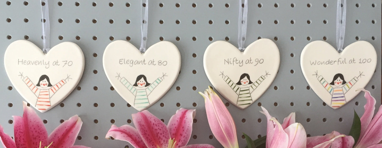 90th Birthday - Nifty at 90 - Hand Painted Ceramic Heart