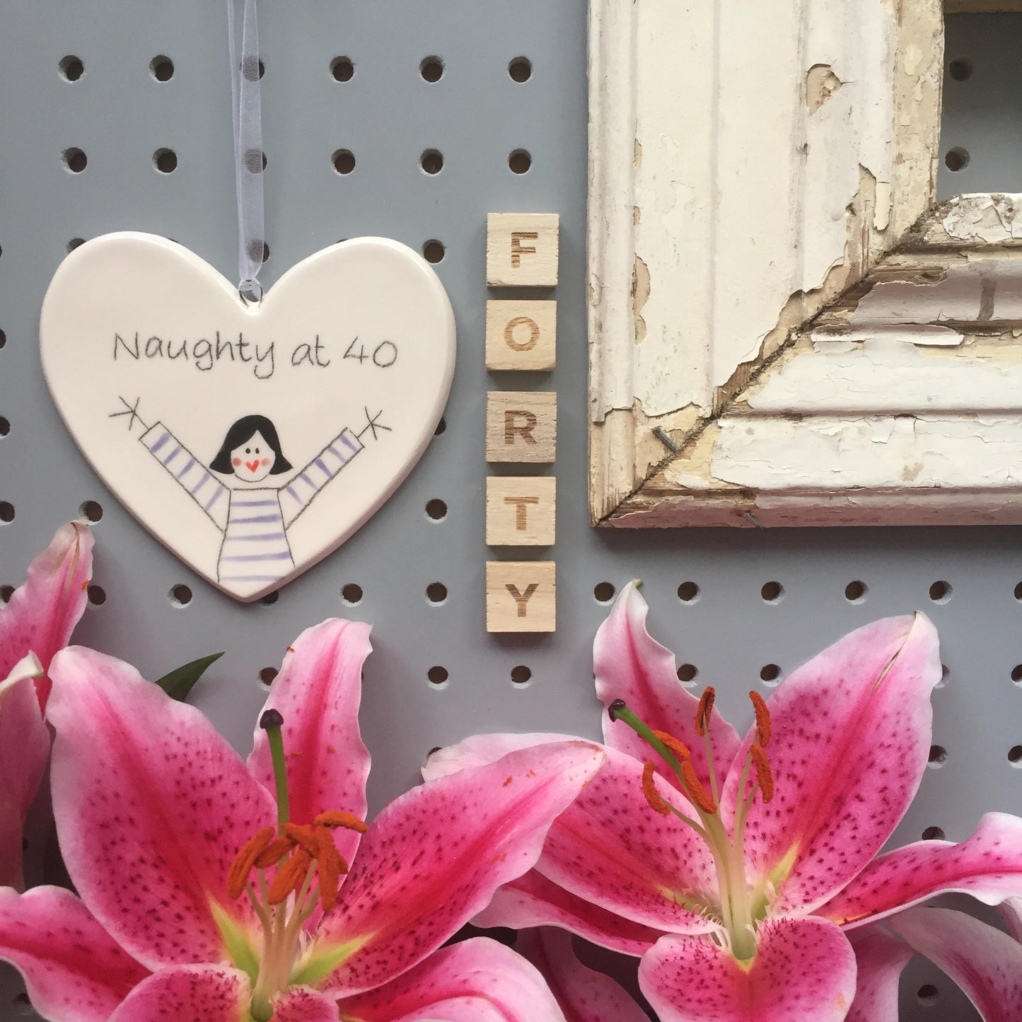 40th Birthday - Naughty at 40 - Hand painted Ceramic Heart