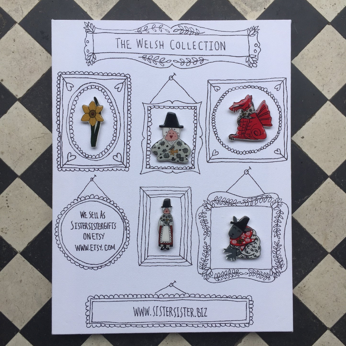 The Welsh Collection of Daffodil Pin, Dragon Pin, Welsh Lady Pin, Welsh Lady Head & Shoulders Pin, Sheep Pin, Hand made Pins