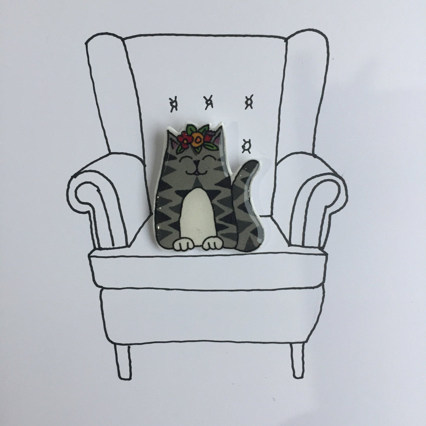 Cat Handmade Pin - Silver Tabby