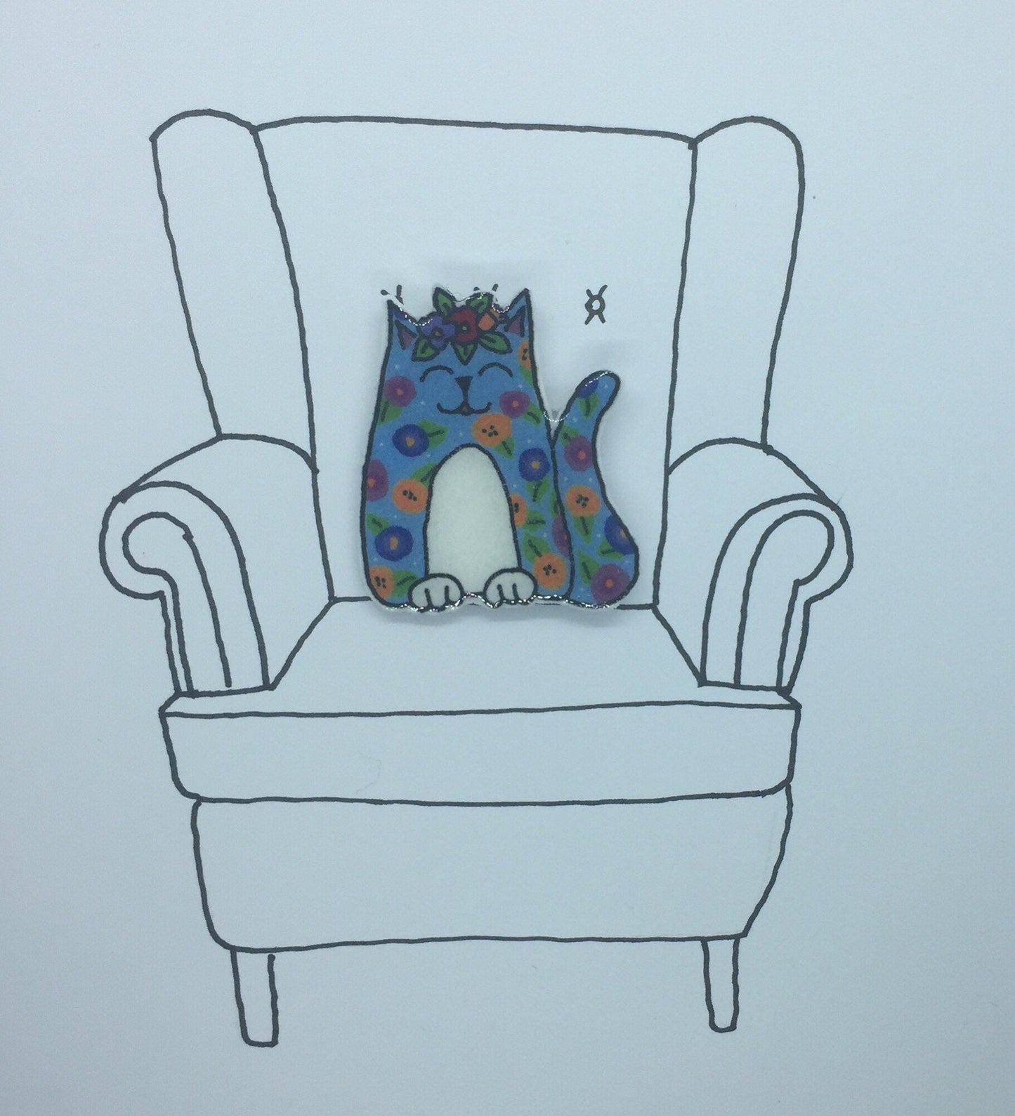 Cat - Blue Floral Cat Handmade Pin