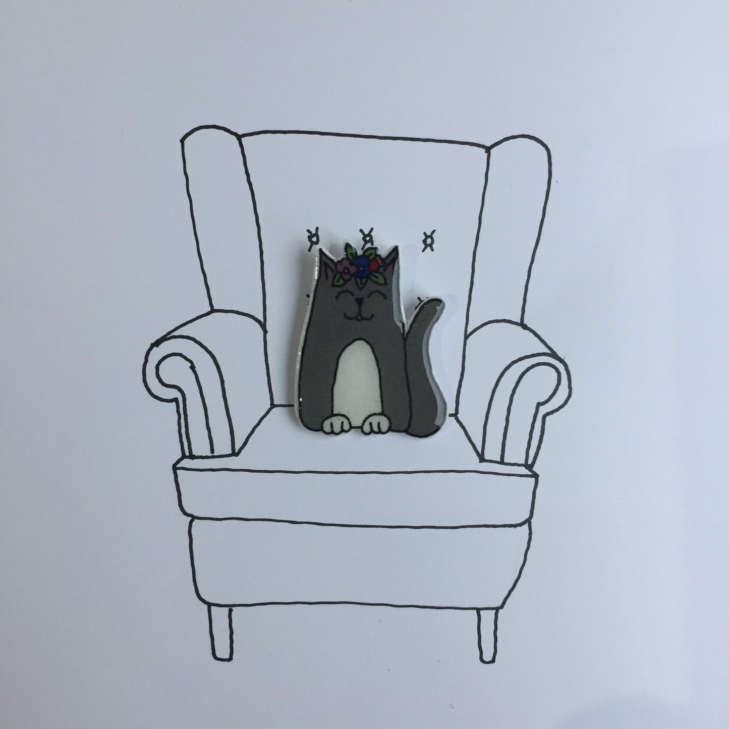 Cat - Grey and White Cat Handmade Pin