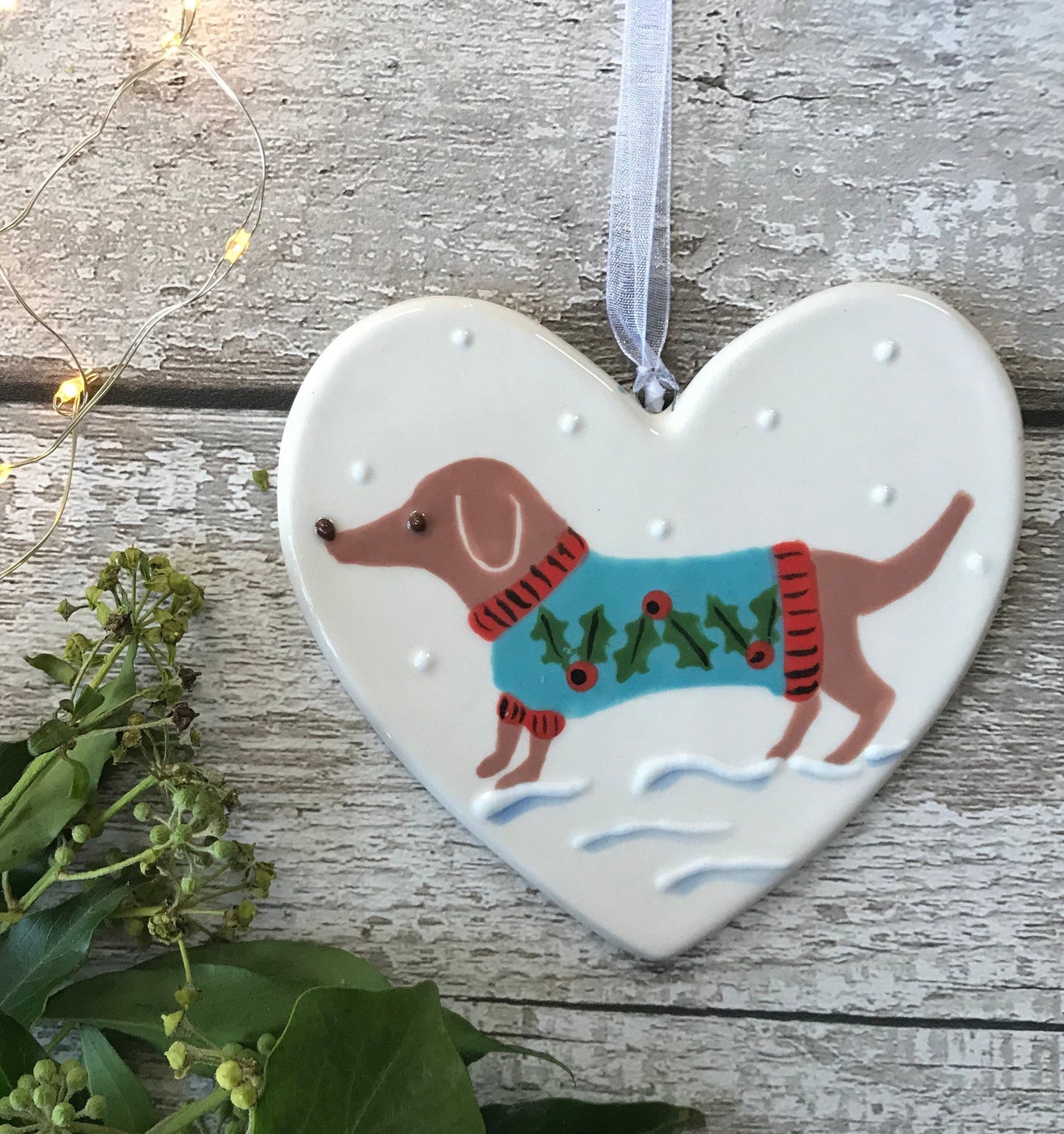 Sausage Dog in Turquoise holly Christmas jumper - Dacshund, weener, wiener - hand painted ceramic heart