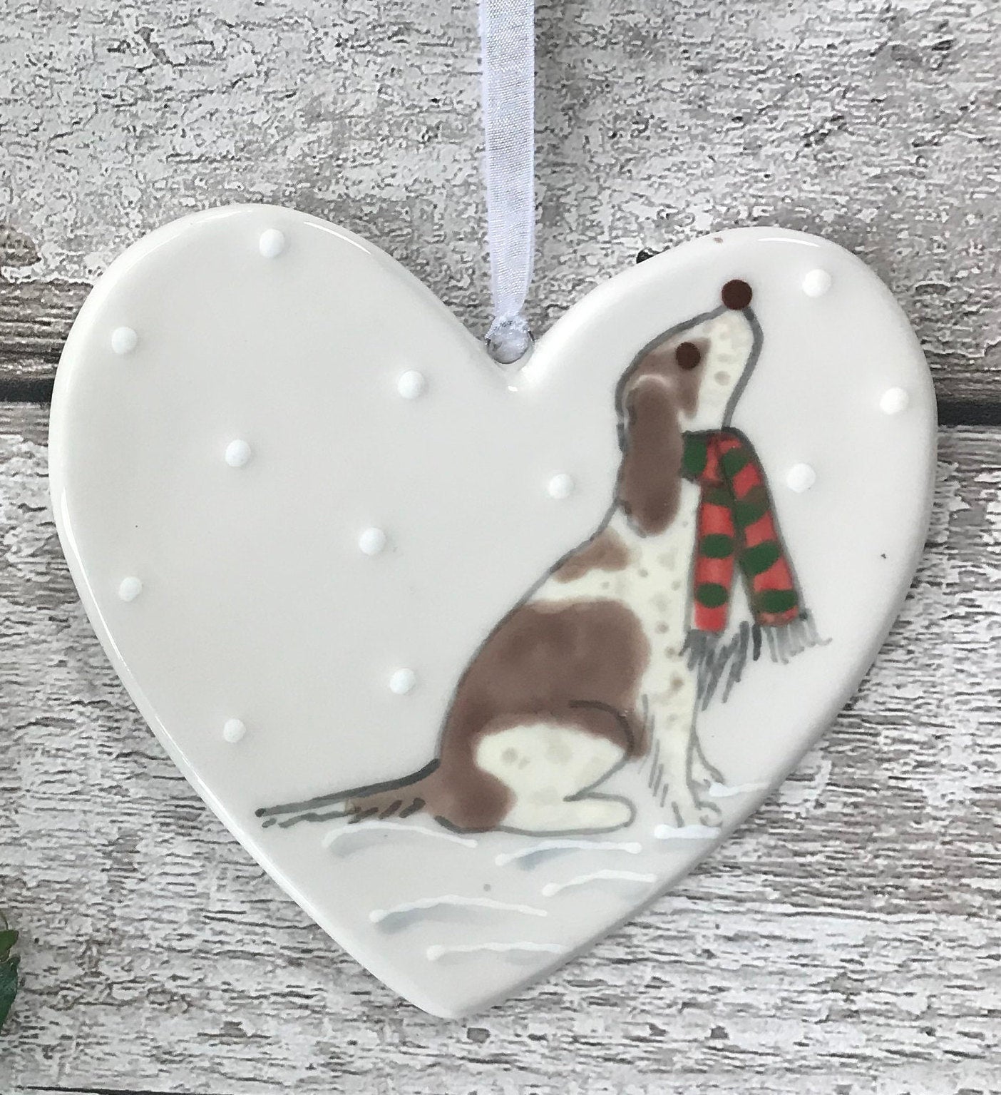 Hand Painted Ceramic Heart - Brown and White Spaniel / Cockapoo with scarf sitting in the snow