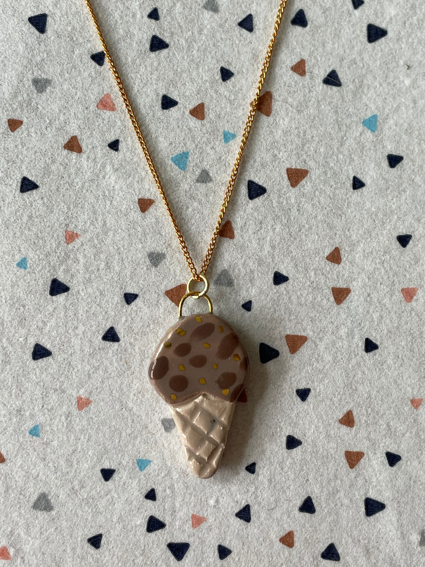 Seconds - Handmade Chocolate Chip Ice Cream Cone Ceramic Charm Necklace