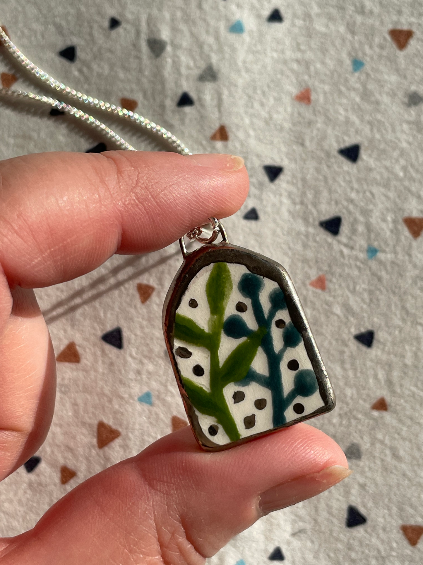 Seconds - Handmade Green & Blue Leaves Ceramic Charm Necklace
