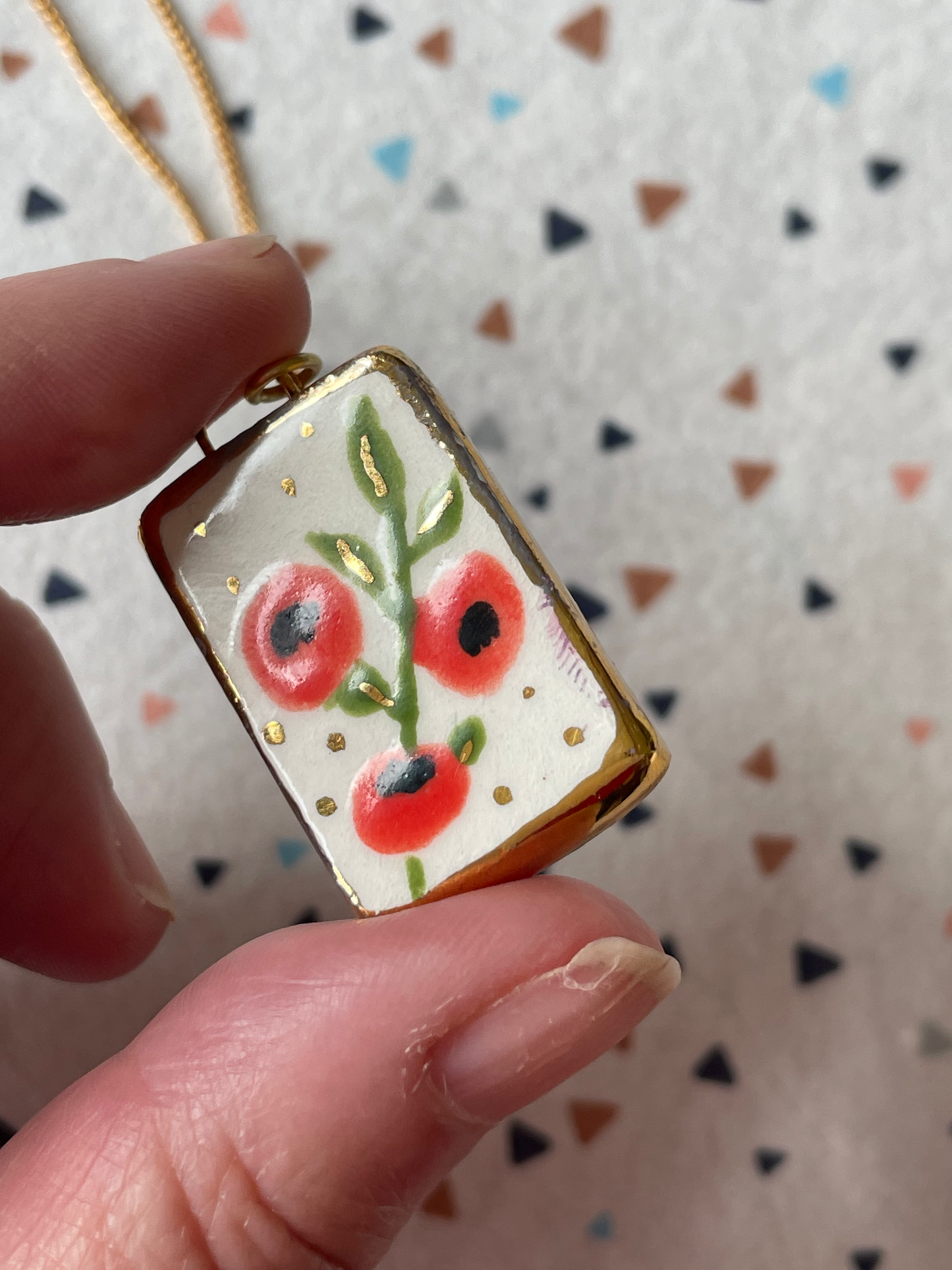 Seconds - Handmade Ceramic Charm with hand painted Poppy Design Necklace