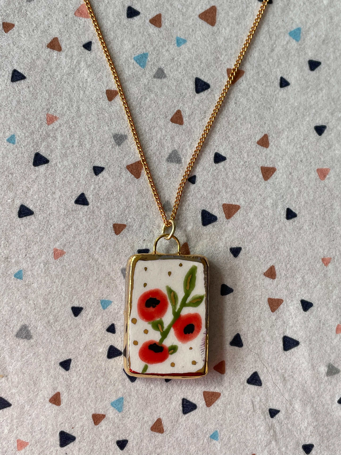 Seconds - Handmade Ceramic Charm with hand painted Poppy Design Necklace