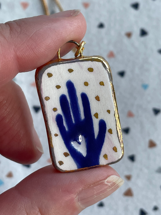 Seconds - Handmade Ceramic Charm with hand painted Blue Hand Necklace