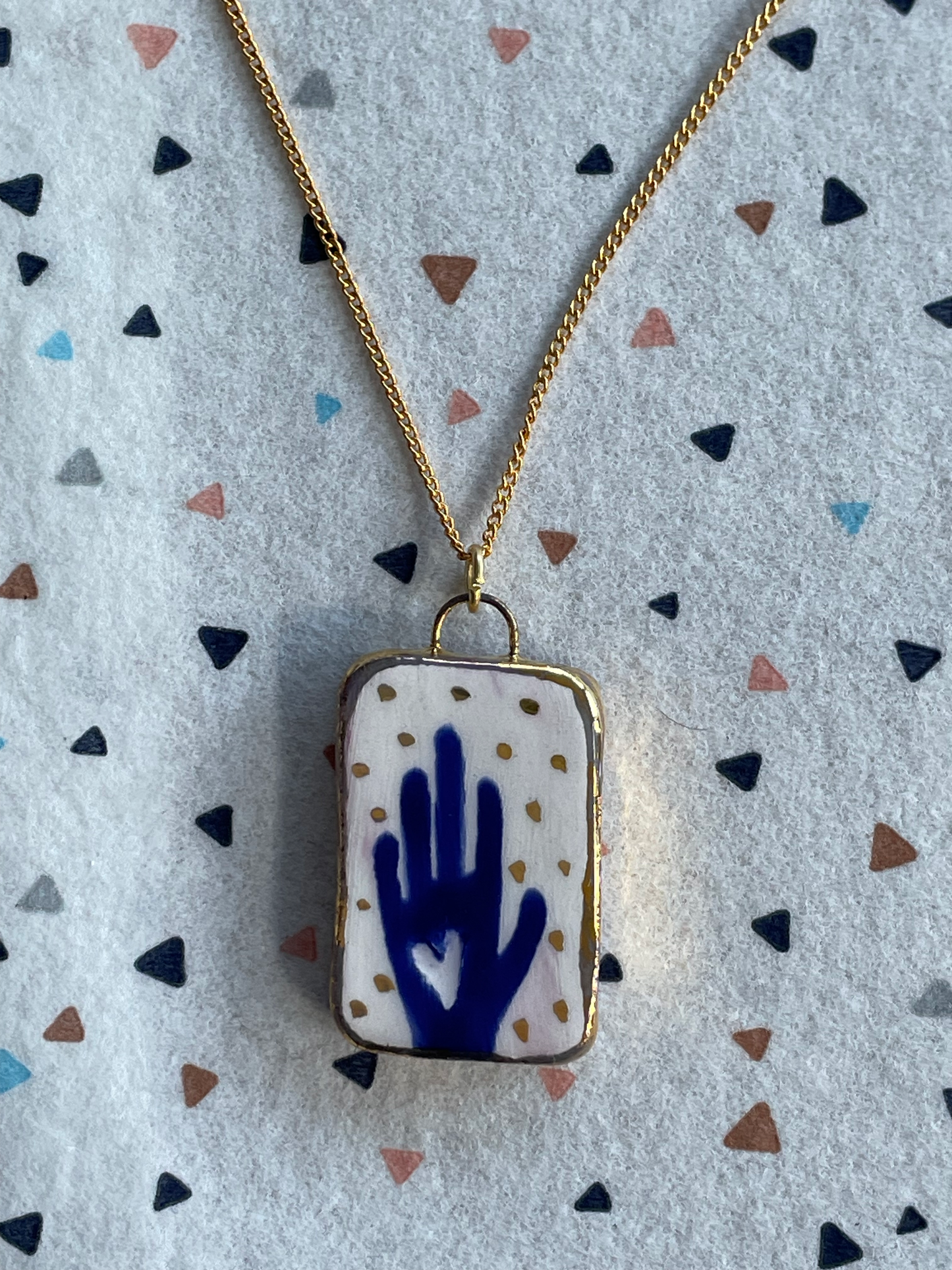 Seconds - Handmade Ceramic Charm Necklace with hand painted blue hand design (2)