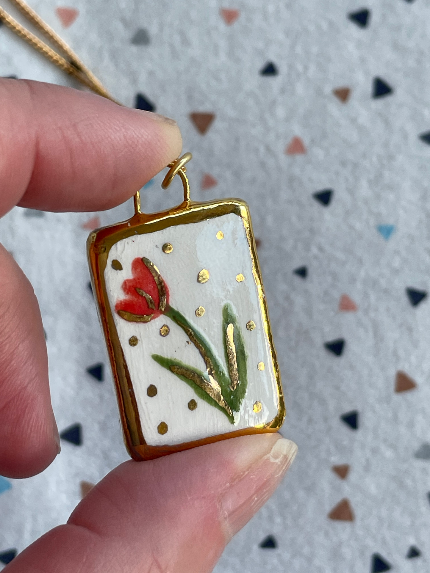 Seconds - Handmade Ceramic Charm Necklace (with hand painted red flower)