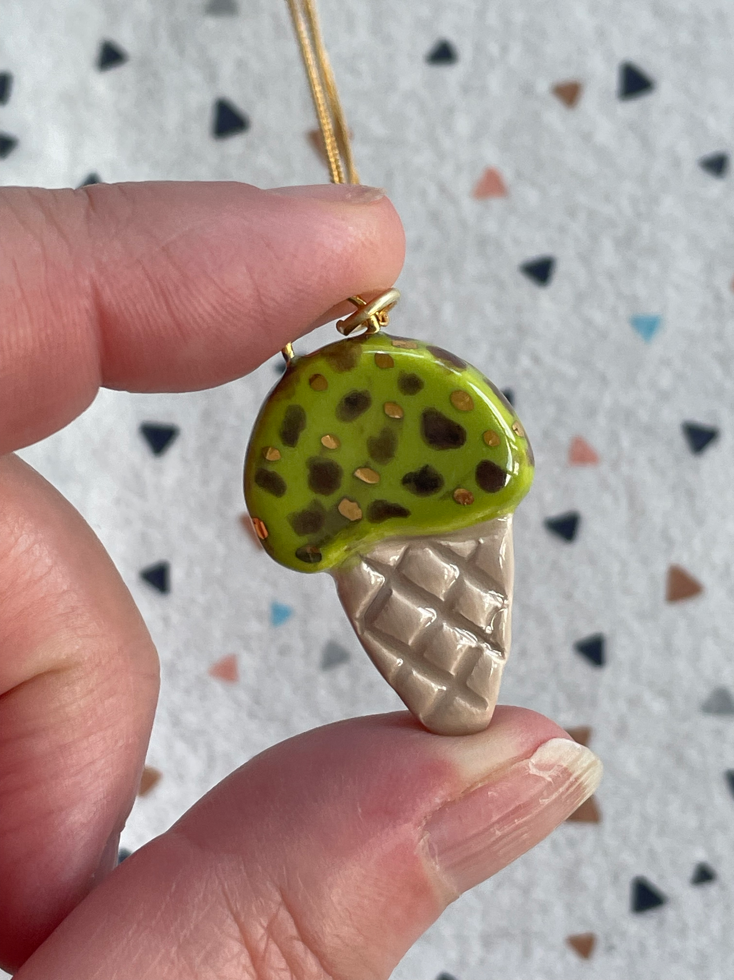 Seconds - Handmade Mint Choc Chip Ice Cream Cone Ceramic Charm Necklace