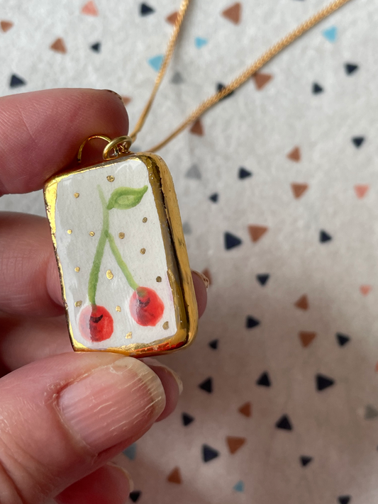 Seconds - Handmade Rectangle Ceramic Charm with Hand Painted Cherry Design Necklace