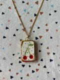 Seconds - Handmade Rectangle Ceramic Charm with Hand Painted Cherry Design Necklace