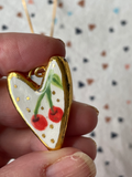 Seconds - Handmade Heart Ceramic Charm with hand painted Cherry design Necklace