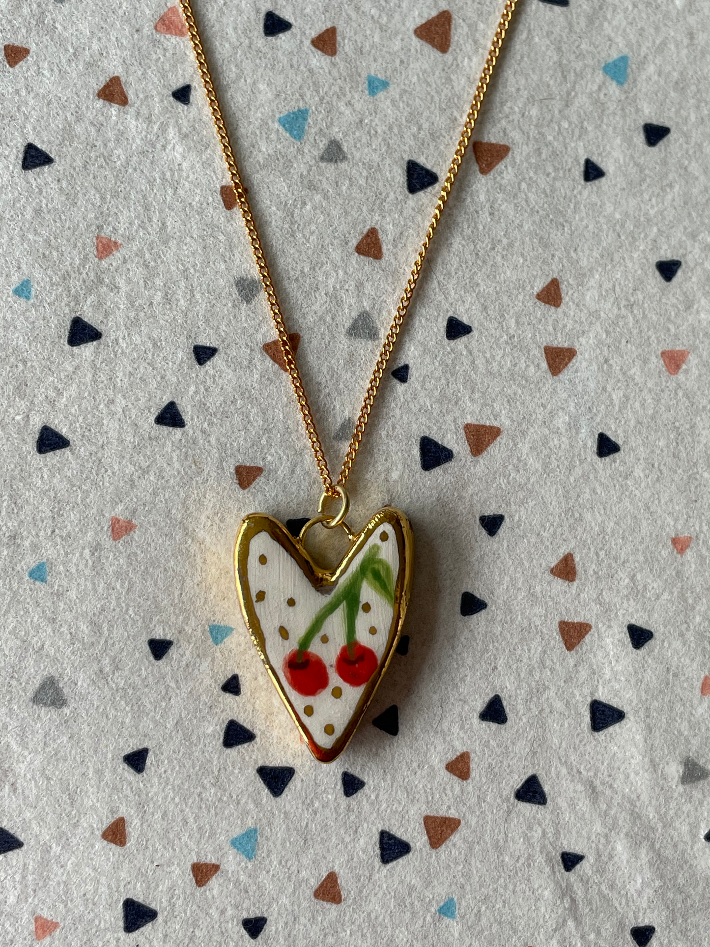 Seconds - Handmade Heart Ceramic Charm with hand painted Cherry design Necklace