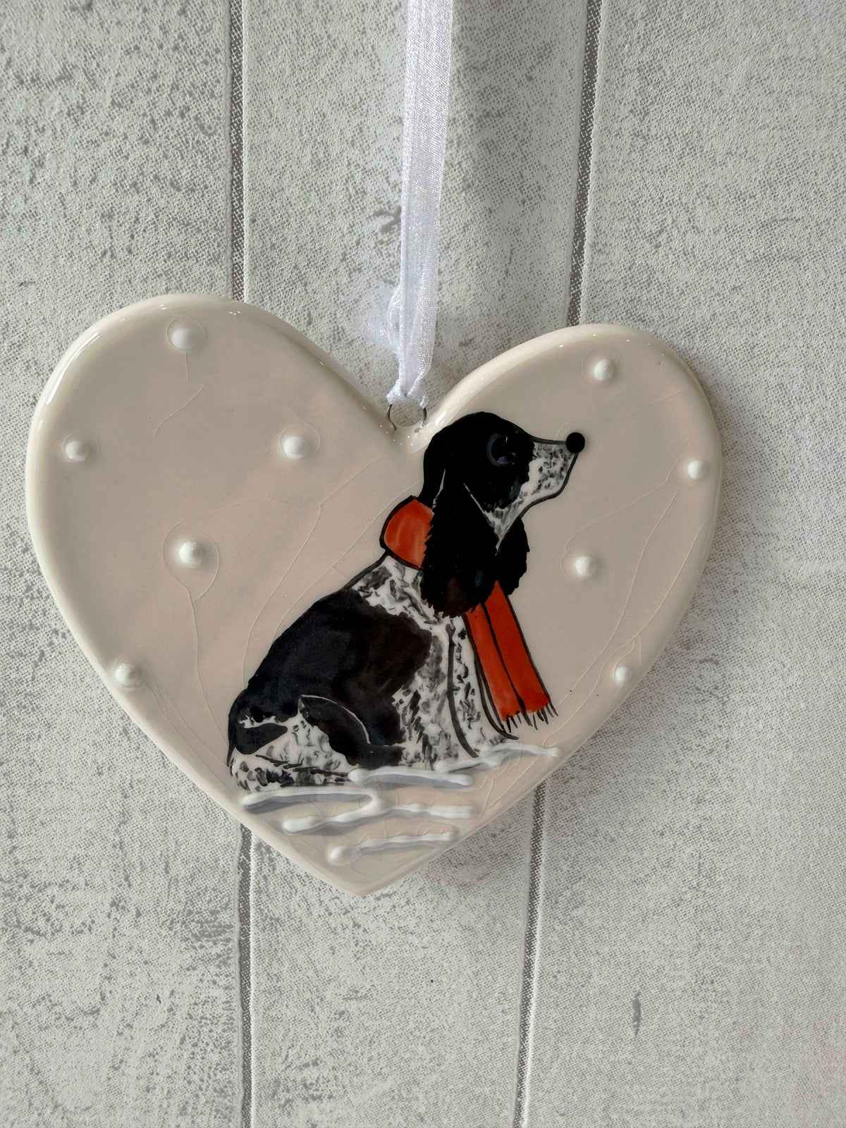 Cocker Spaniel Black & White Hand Painted Ceramic Heart Super Seconds