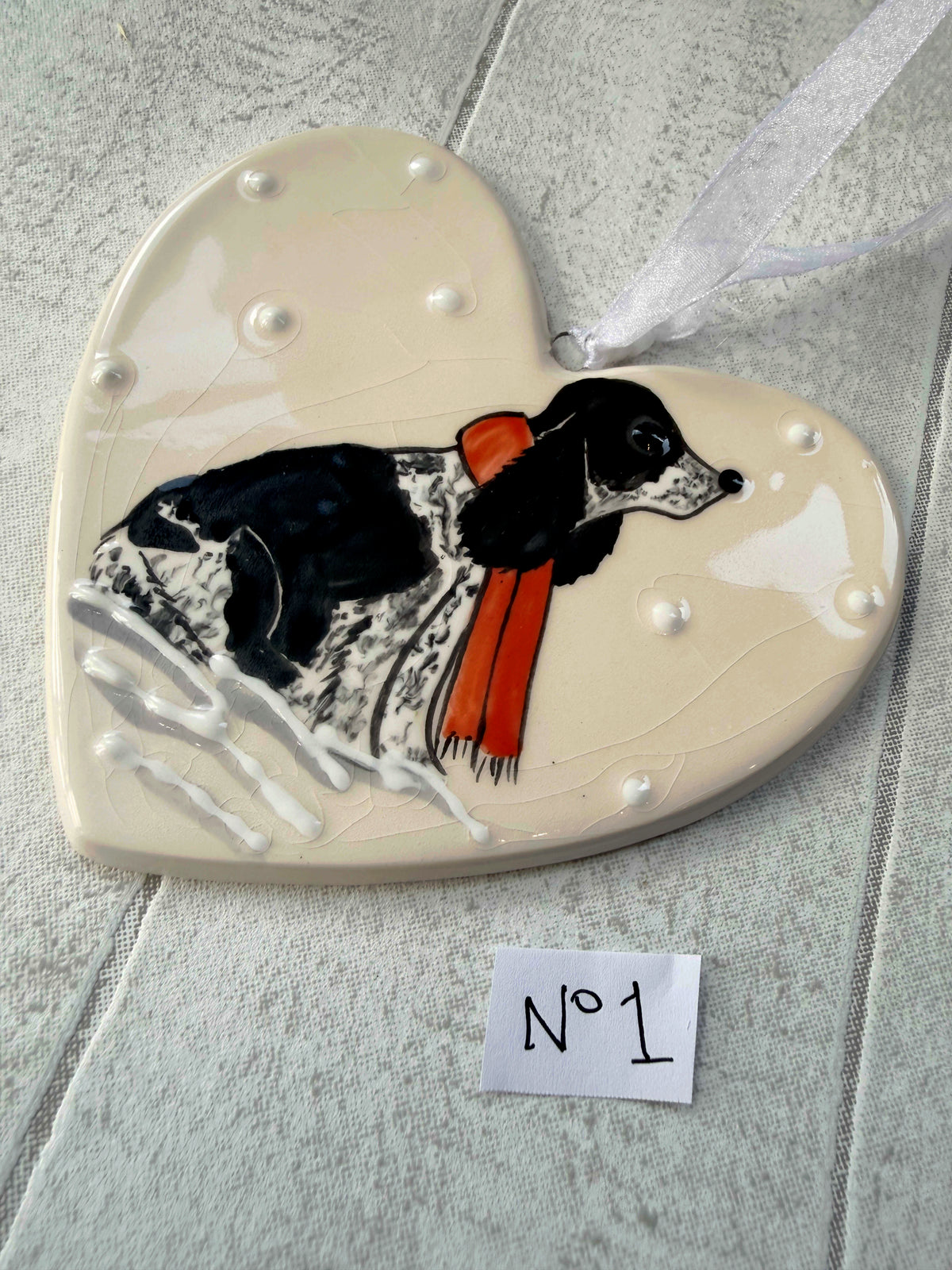 Cocker Spaniel Black & White Hand Painted Ceramic Heart Super Seconds
