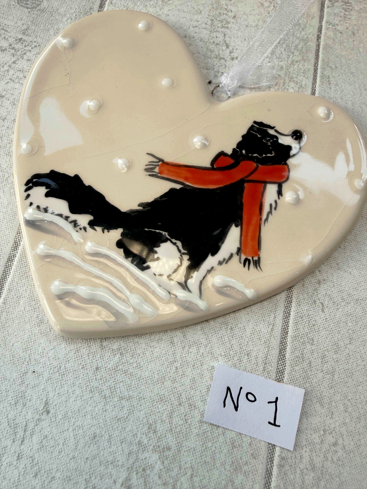 Collie Black and White Hand Painted Ceramic Heart