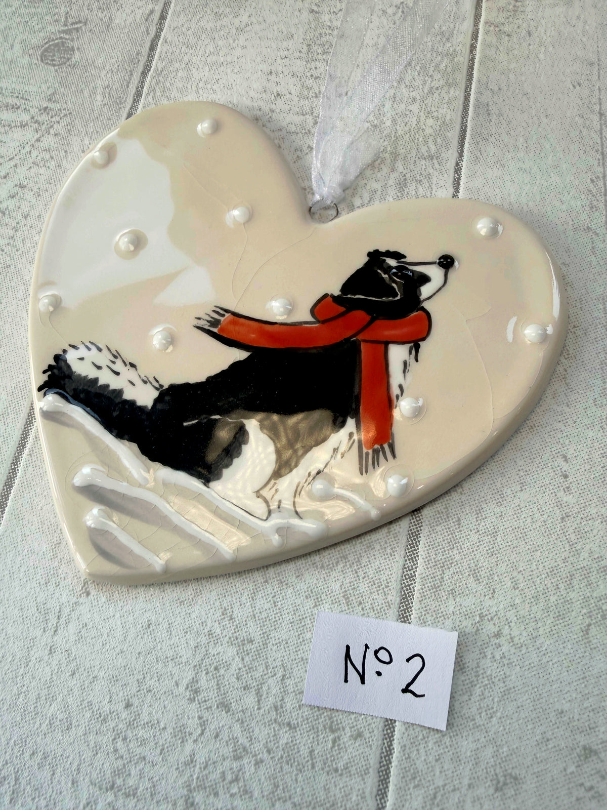 Collie Black and White Hand Painted Ceramic Heart