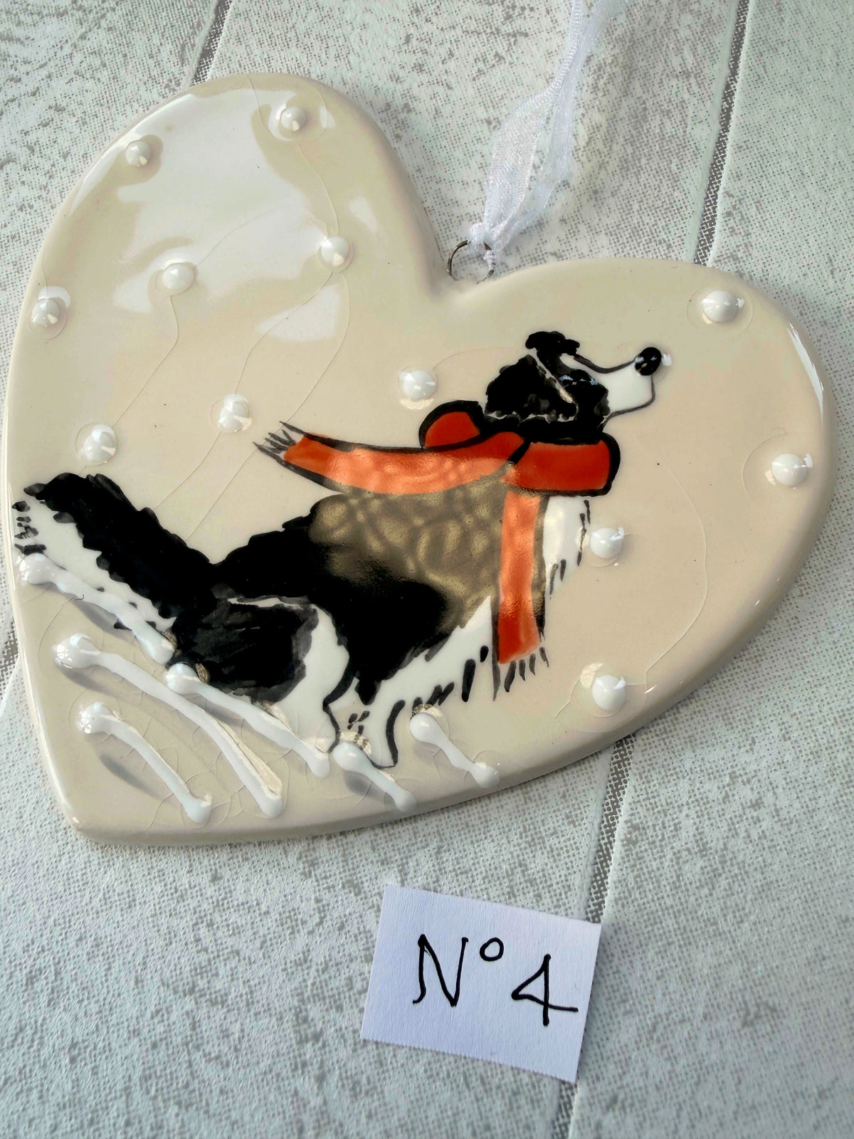 Collie Black and White Hand Painted Ceramic Heart
