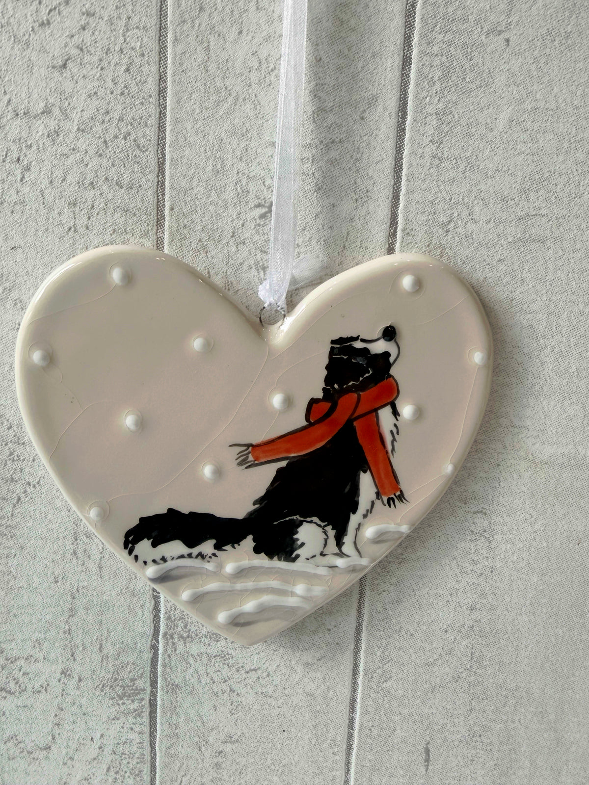Collie Black and White Hand Painted Ceramic Heart