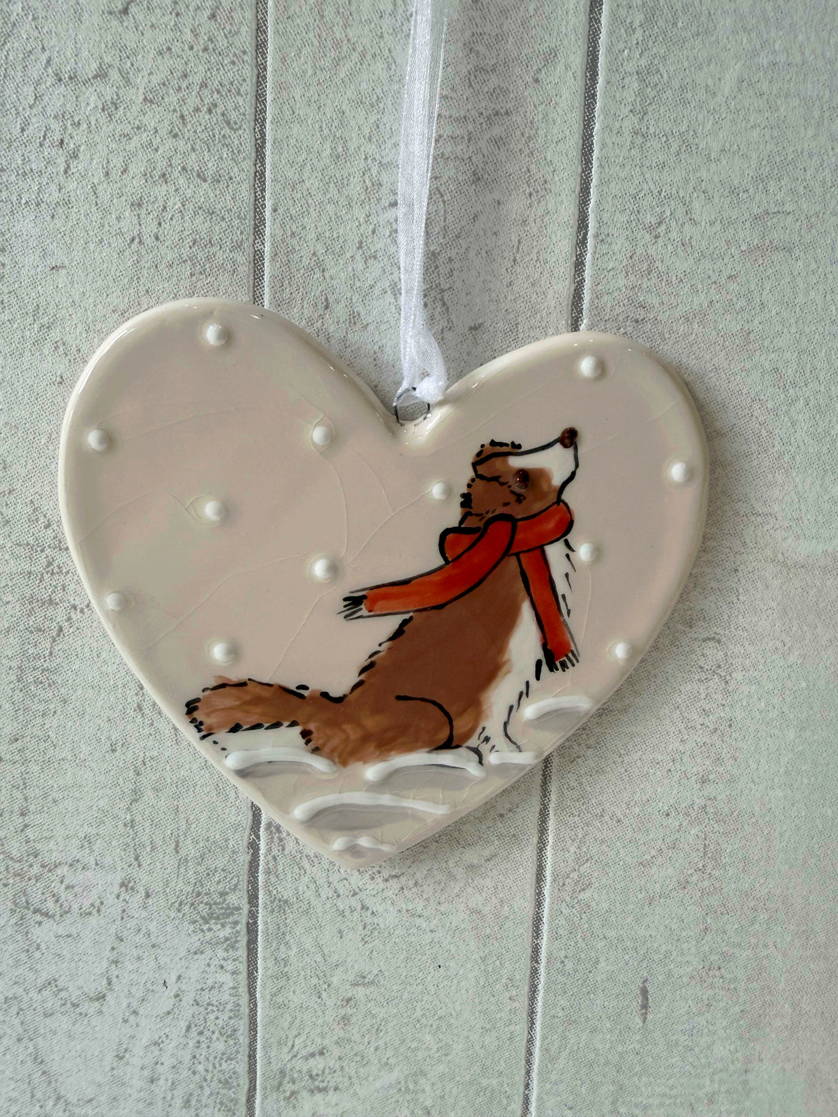 Collie Red & White Hand Painted Ceramic Heart Super Seconds