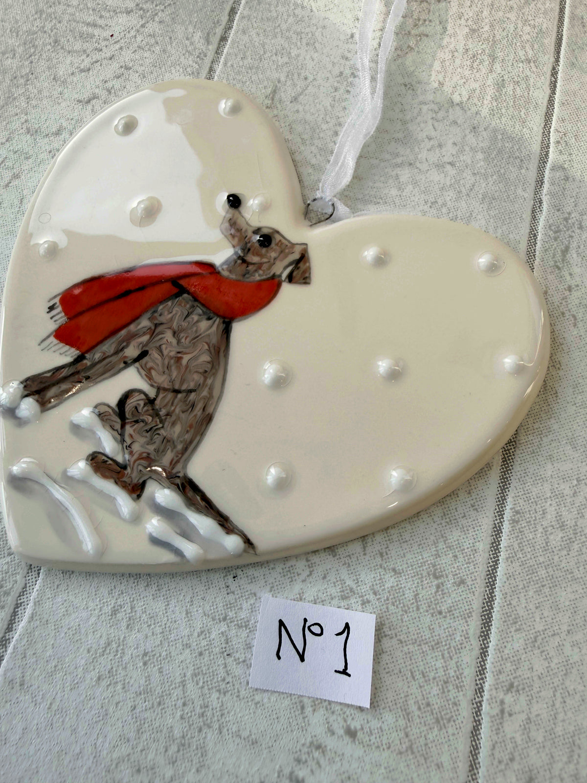 Greyhound Brindle Hand Painted Ceramic Heart Super Seconds