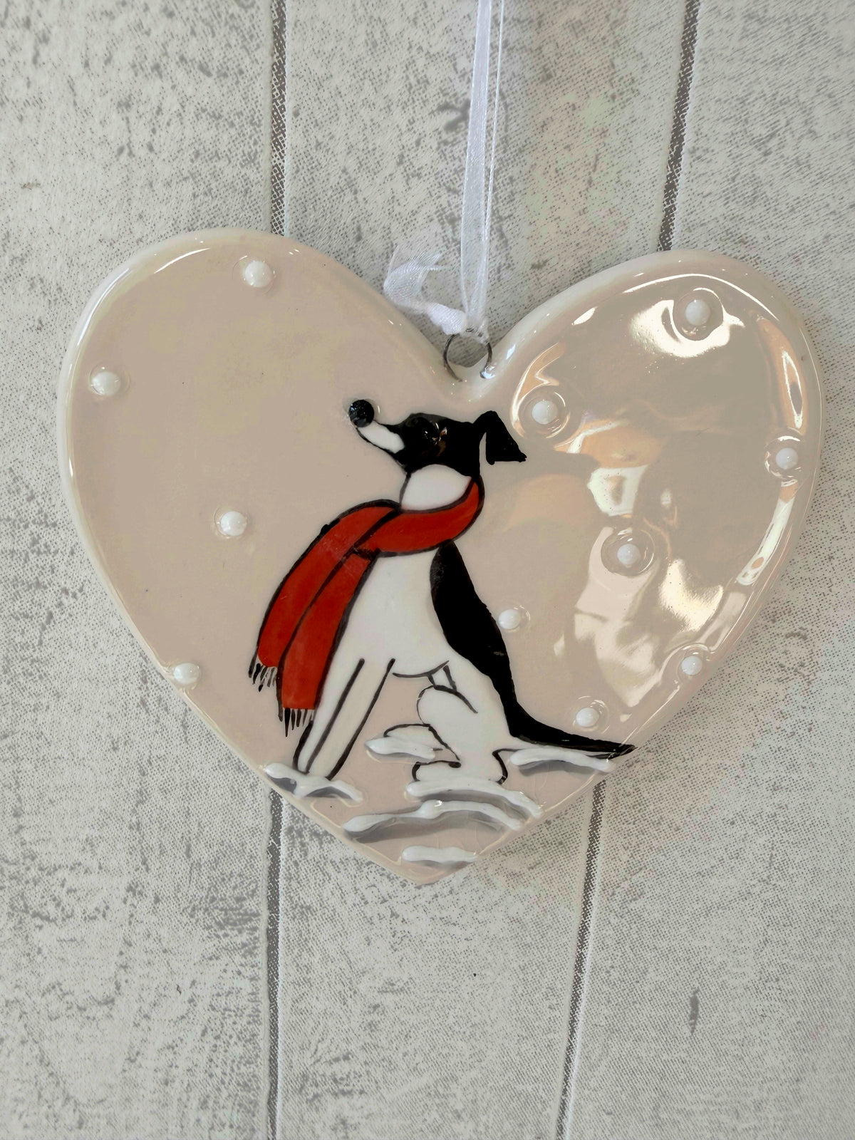 Greyhound White and Black Hand Painted Ceramic Heart Super Seconds