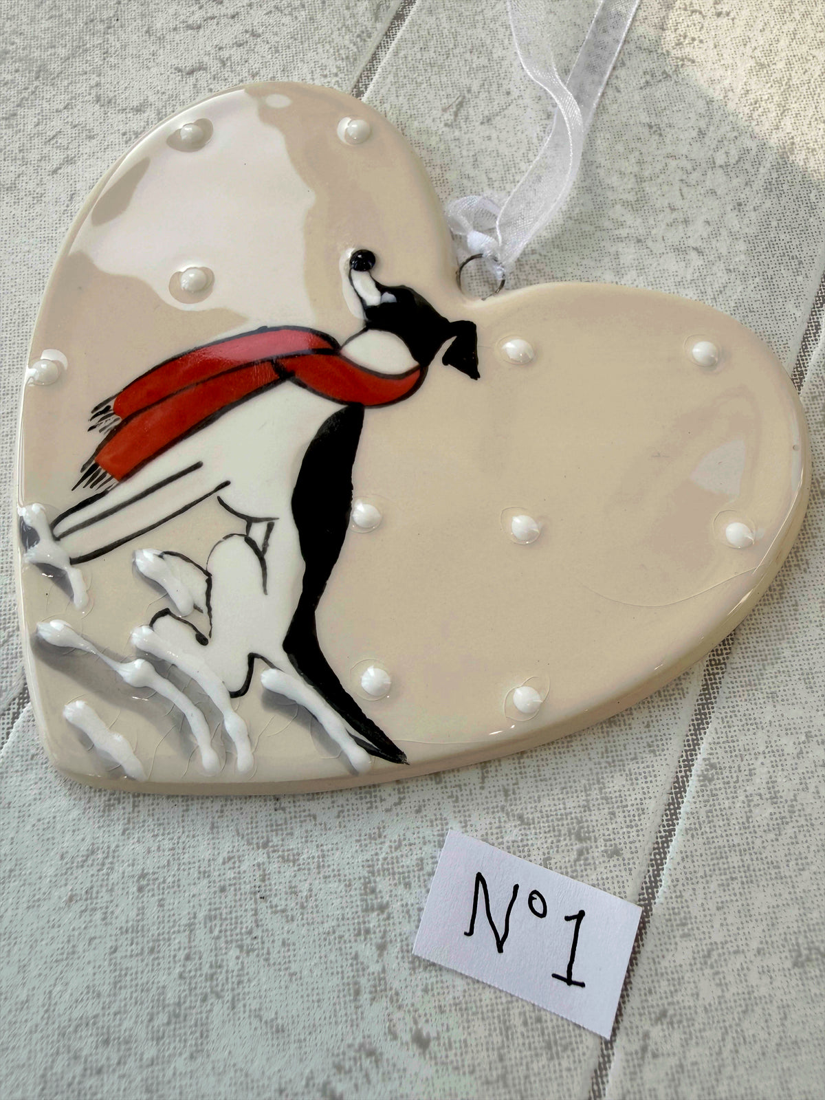 Greyhound White and Black Hand Painted Ceramic Heart Super Seconds