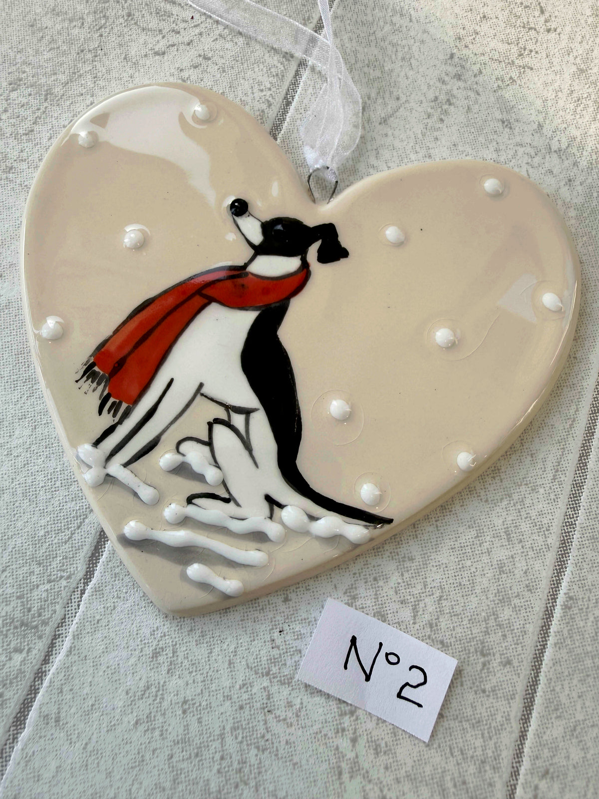 Greyhound White and Black Hand Painted Ceramic Heart Super Seconds