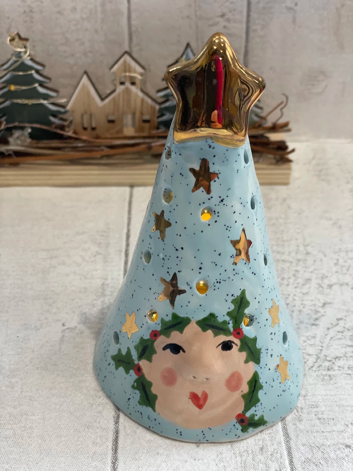 Handmade “Ladies of the Luminary” Tea Light Lantern, Blue Speckle Ceramic Christmas Light (13cm)