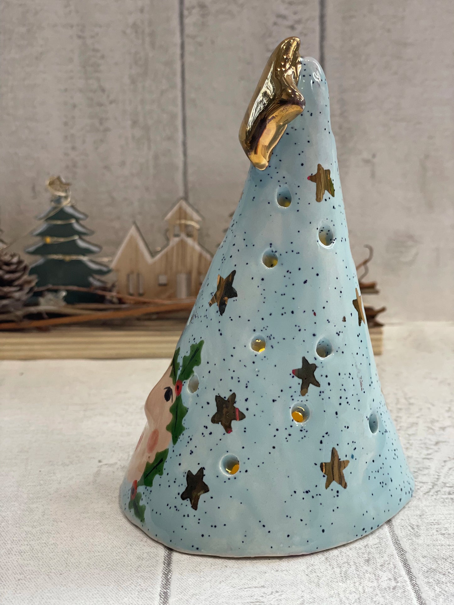 Handmade “Ladies of the Luminary” Tea Light Lantern, Blue Speckle Ceramic Christmas Light (13cm)