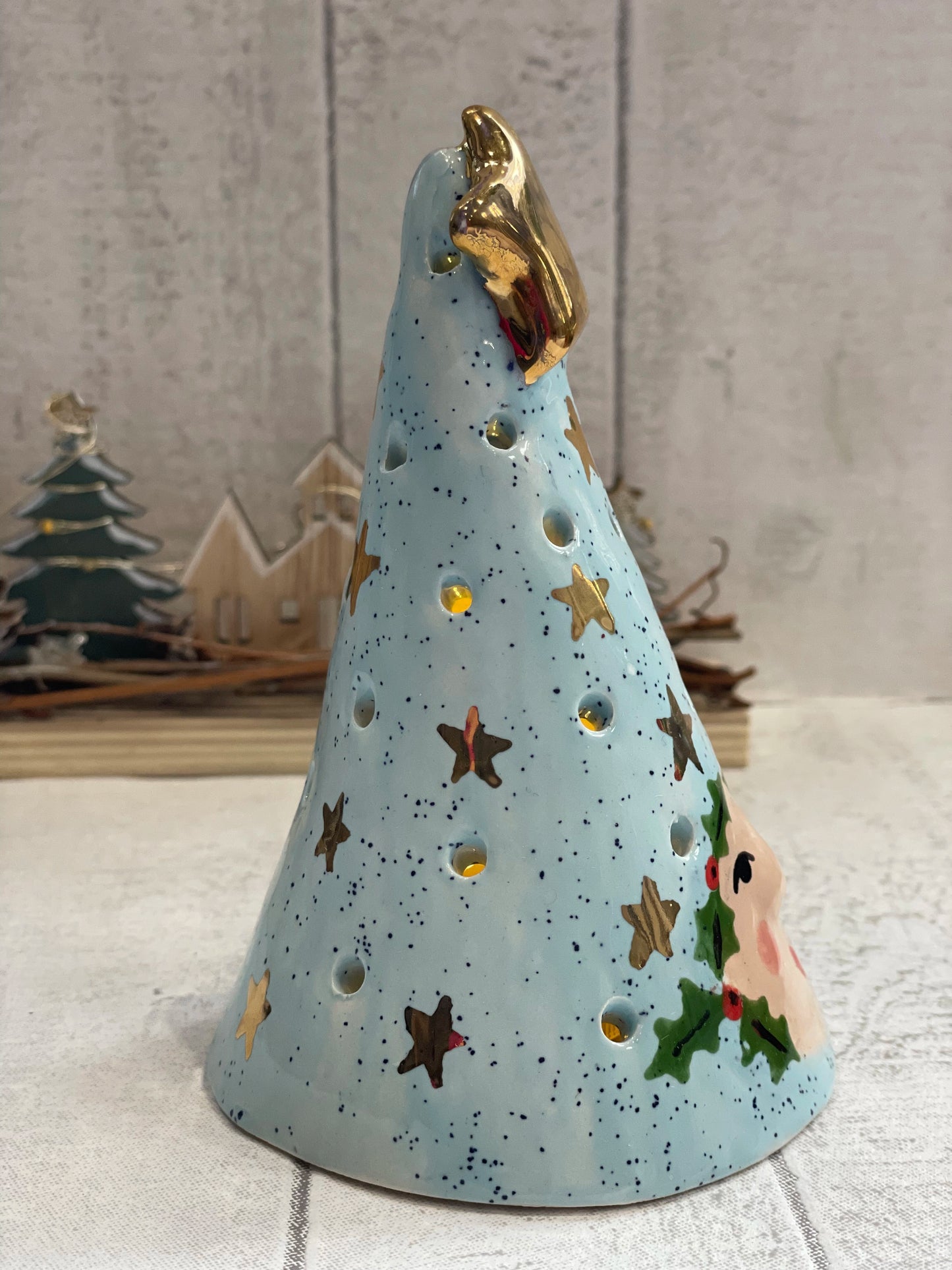 Handmade “Ladies of the Luminary” Tea Light Lantern, Blue Speckle Ceramic Christmas Light (13cm)