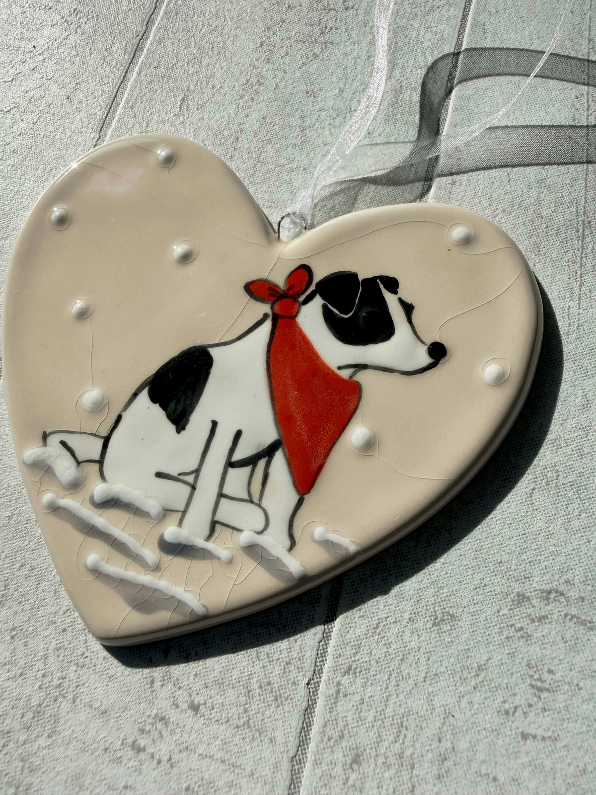 Jack Russell Black and White Hand Painted Ceramic Heart Super Seconds
