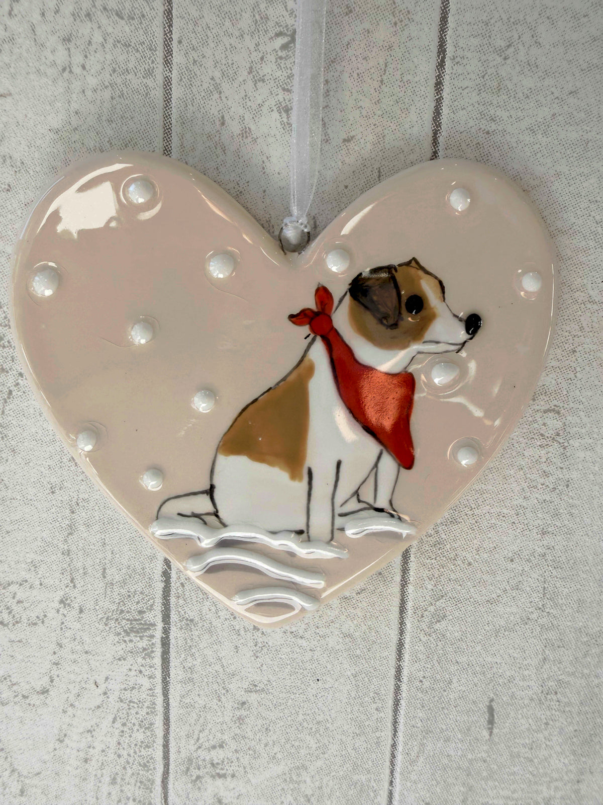 Jack Russell White and Tan Hand Painted Ceramic Heart Super Seconds