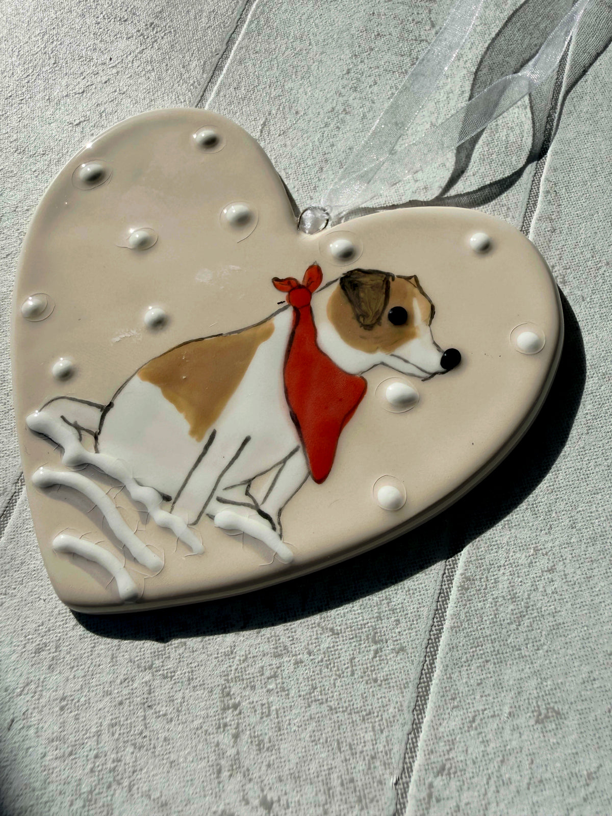 Jack Russell White and Tan Hand Painted Ceramic Heart Super Seconds