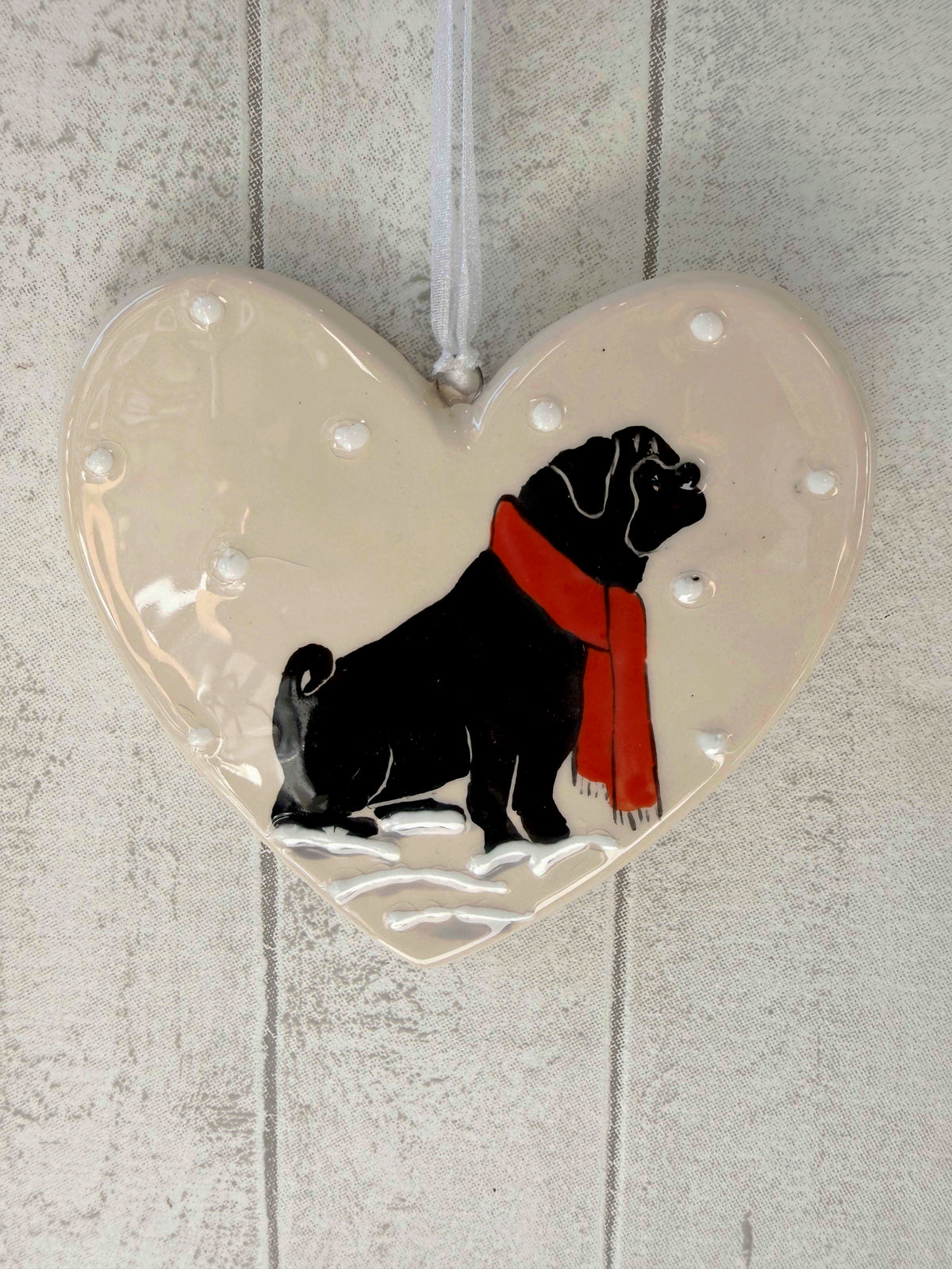 Pug Black Hand Painted Ceramic Heart Super Seconds