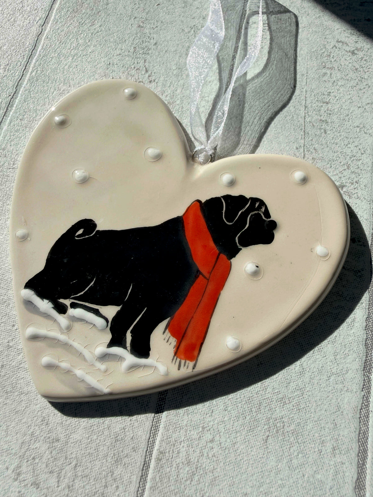 Pug Black Hand Painted Ceramic Heart Super Seconds