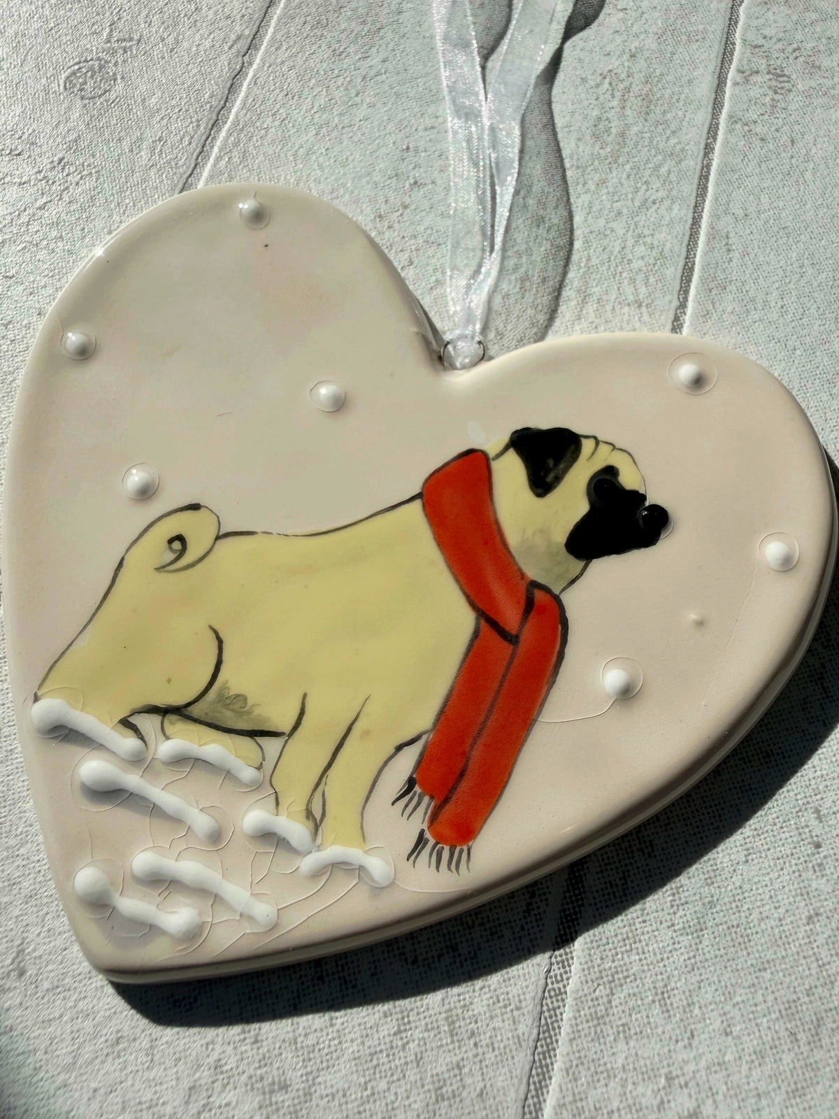 Pug Fawn Hand Painted Ceramic Heart Super Seconds